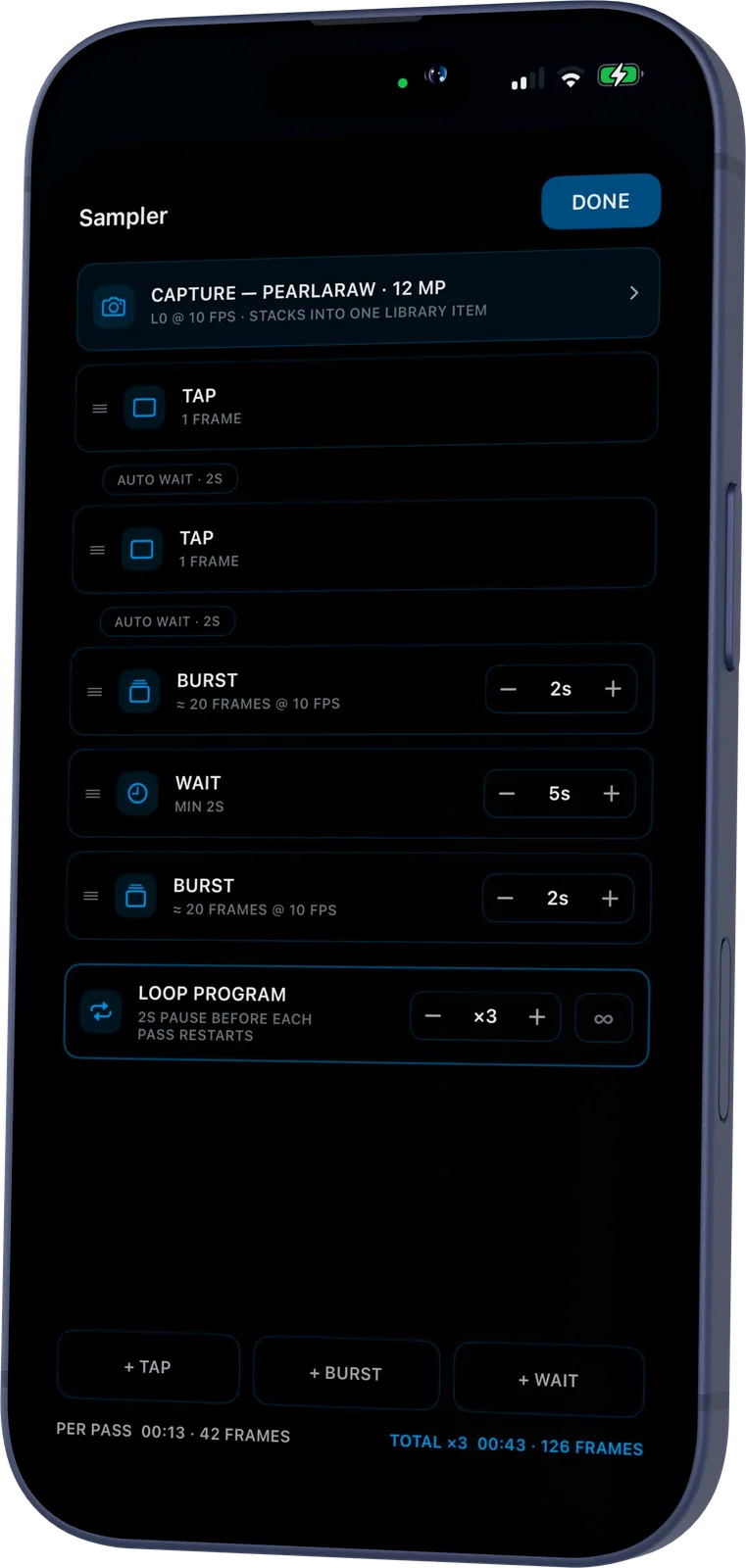 Verana IV Sampler program screen on an iPhone 17 Pro